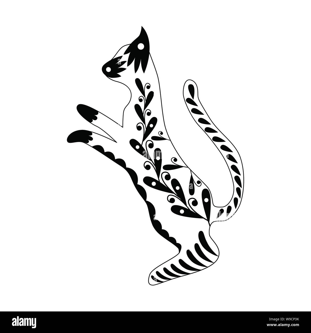 Ornati abstract cat. In piedi sulle zampe posteriori. Lo stile scandinavo pattern. Bianco e nero illustrazione Illustrazione Vettoriale