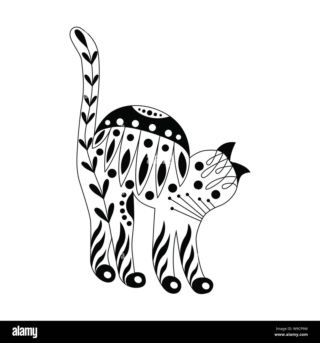 Ornati abstract cat inarcati all'indietro. Lo stile scandinavo pattern. Bianco e nero illustrazione Illustrazione Vettoriale
