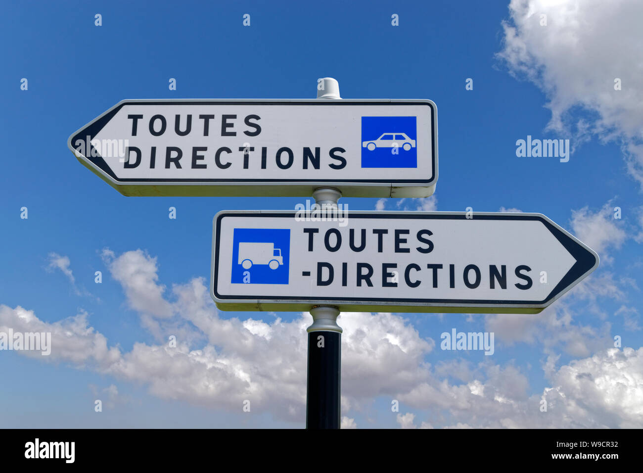 Il francese "Toutes Directions" doppio signpost. Foto Stock