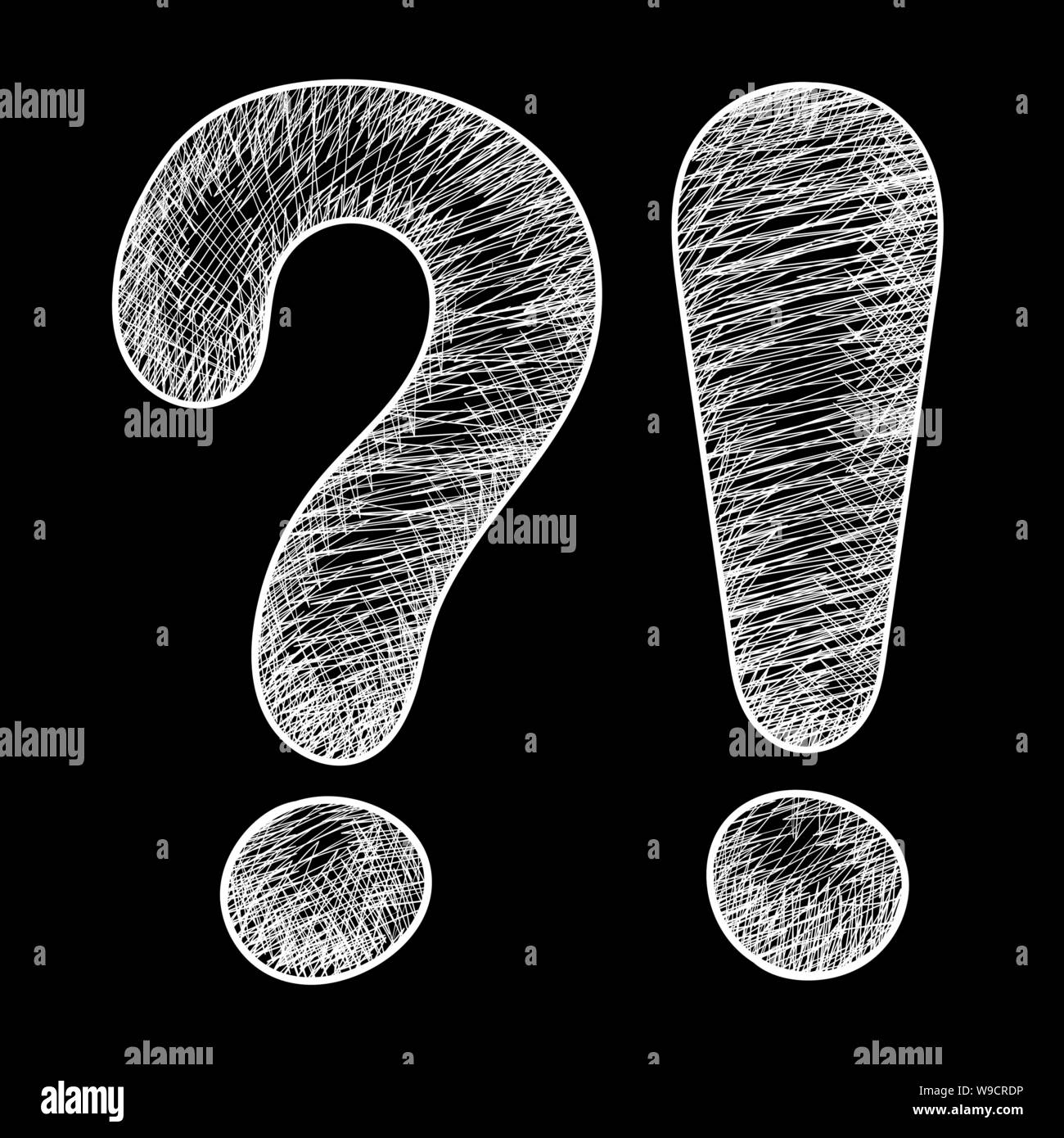 Domanda e l esclamazione di marchi. Mano bozzetto su sfondo nero Illustrazione Vettoriale