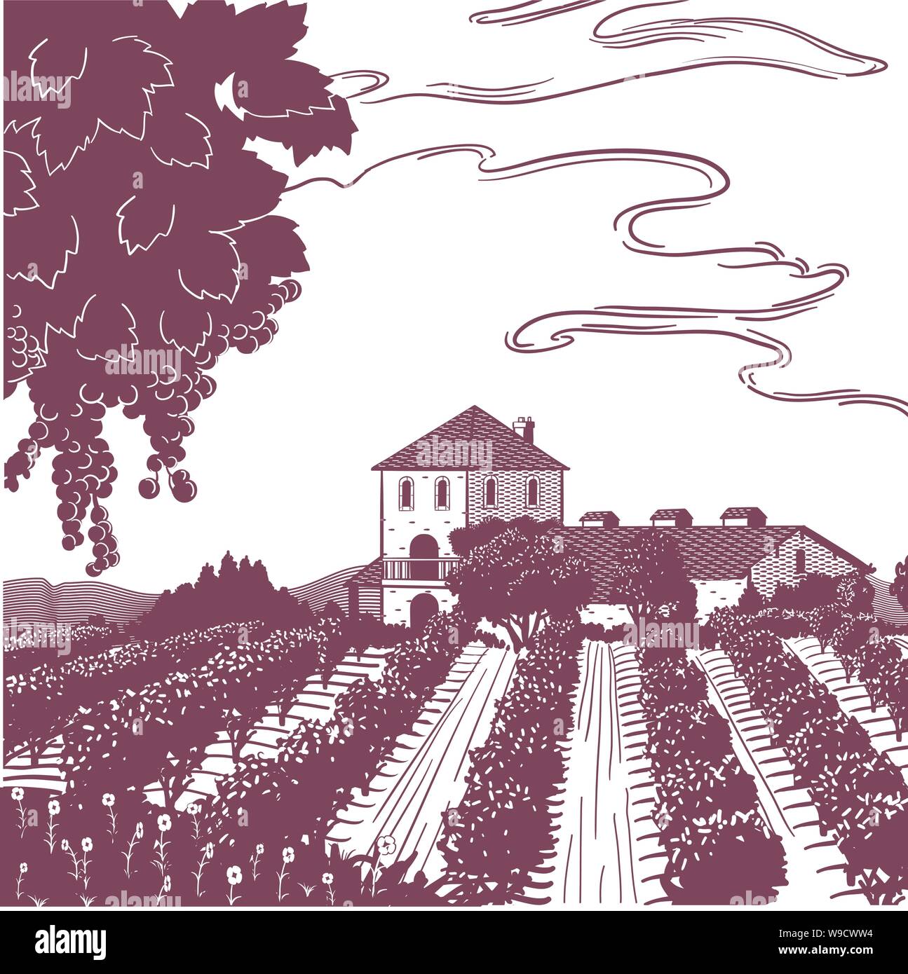 Vigneto line art, con filari di vigne, con un vitigno in primo piano e un edificio, cielo velato e montagne Illustrazione Vettoriale