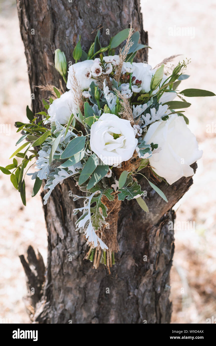 Bouquet di nozze su un albero nella foresta. Foto Stock