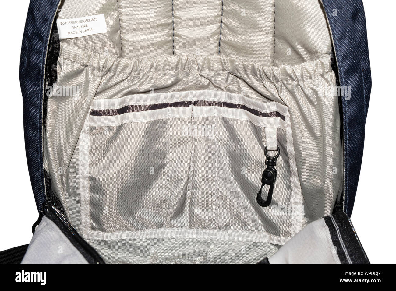 Tasche interne in un aperto daysack zaino borsa con keyhook e realizzati in Cina etichetta. Foto Stock