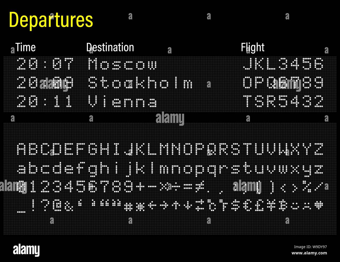 LED digitale elettronica font, lettere, numeri e simboli illustrazione vettoriale per pannello airport, informazioni sui treni e sport scoreboard - bianco font Illustrazione Vettoriale