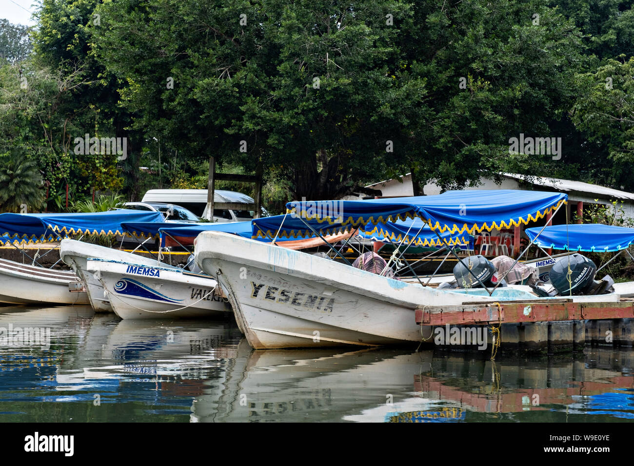 Acqua colorata taxi chiamato Pangas legato fino al dock lungo la laguna Sontecomapan in Sontecomapan, Veracruz, Messico. La laguna che sfocia nel golfo del Messico è uno dei meglio conservati delle zone umide costiere e foreste di mangrovie in Messico e in parte di Los Tuxtlas riserva della biosfera. Foto Stock