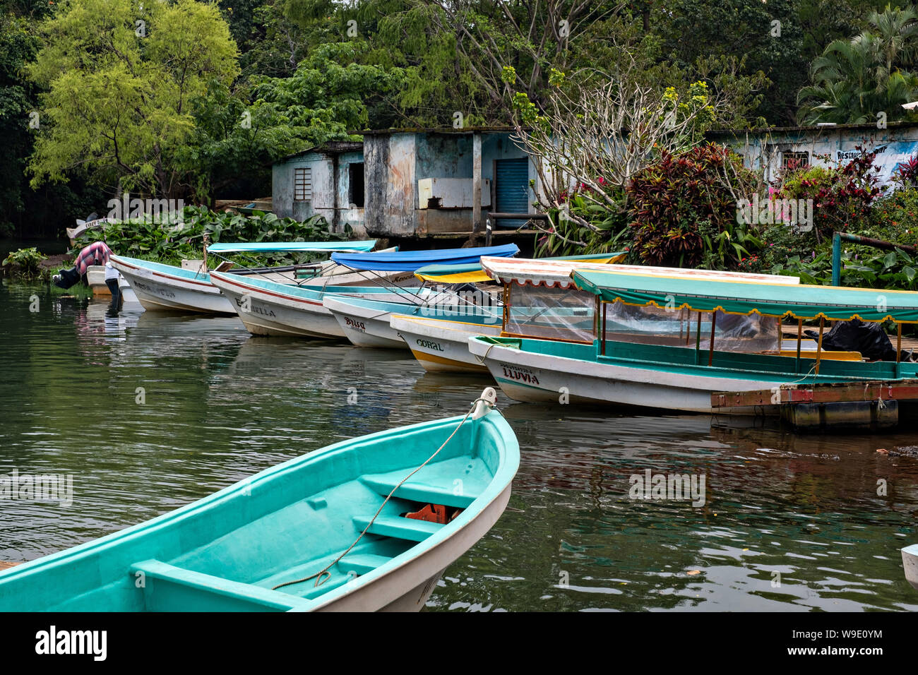 Acqua colorata taxi chiamato Pangas legato fino al dock lungo la laguna Sontecomapan in Sontecomapan, Veracruz, Messico. La laguna che sfocia nel golfo del Messico è uno dei meglio conservati delle zone umide costiere e foreste di mangrovie in Messico e in parte di Los Tuxtlas riserva della biosfera. Foto Stock