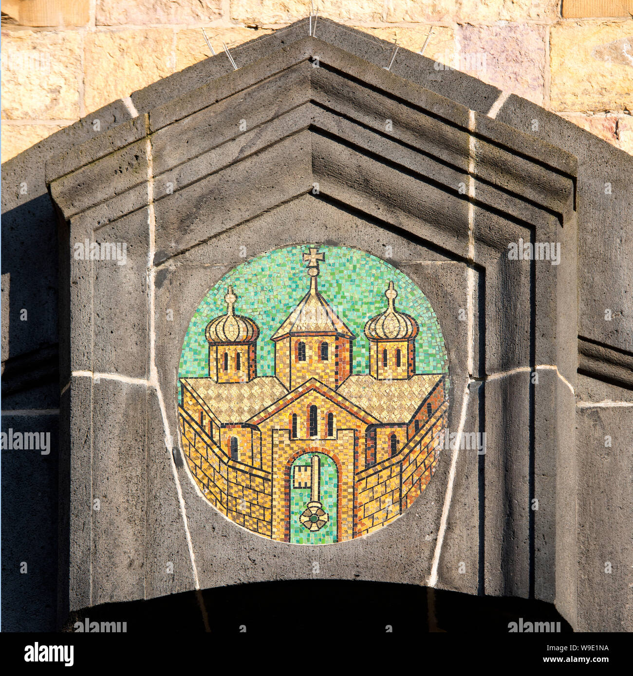 Deutschland, Ruhrgebiet, Recklinghausen, Rathaus, Stadtwappen über dem Haupteingang Foto Stock