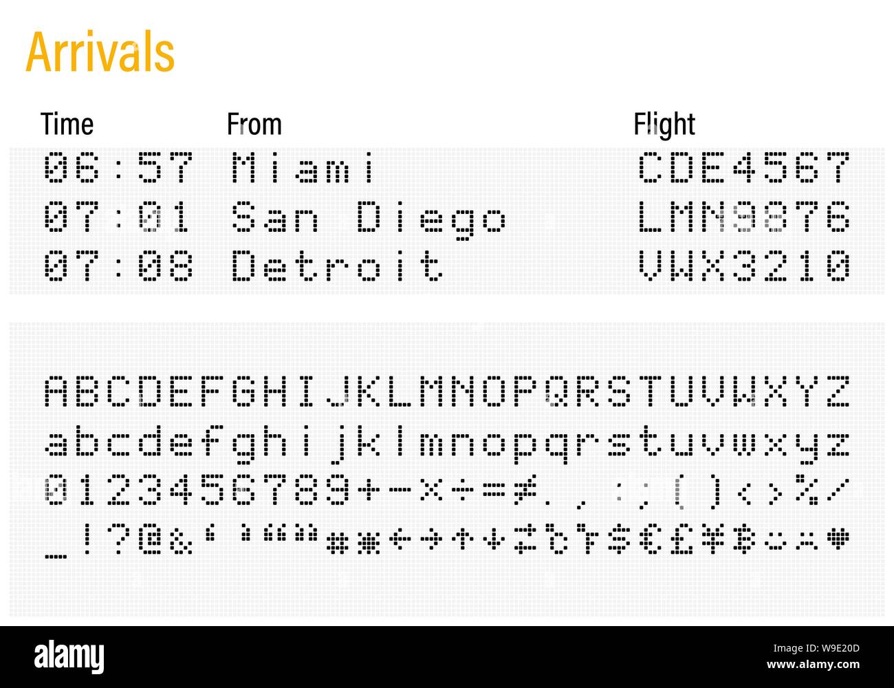 LED digitale elettronica font, lettere, numeri e simboli illustrazione vettoriale per pannello airport, informazioni sui treni e sport scoreboard - font nero Illustrazione Vettoriale