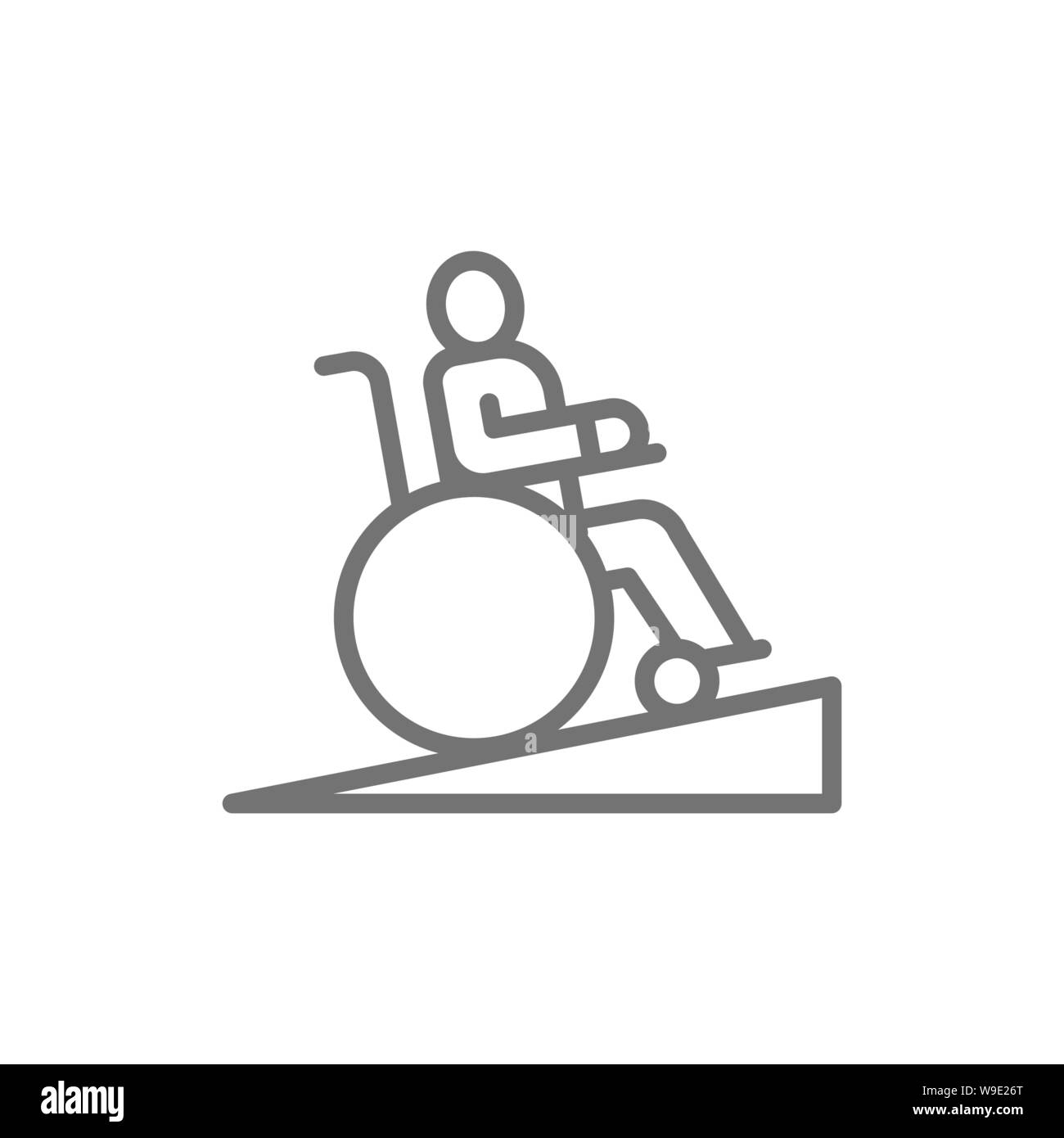 Uomo in sedia a rotelle Sedia a rotelle, rampa, le persone con problemi di mobilità icona linea. Illustrazione Vettoriale