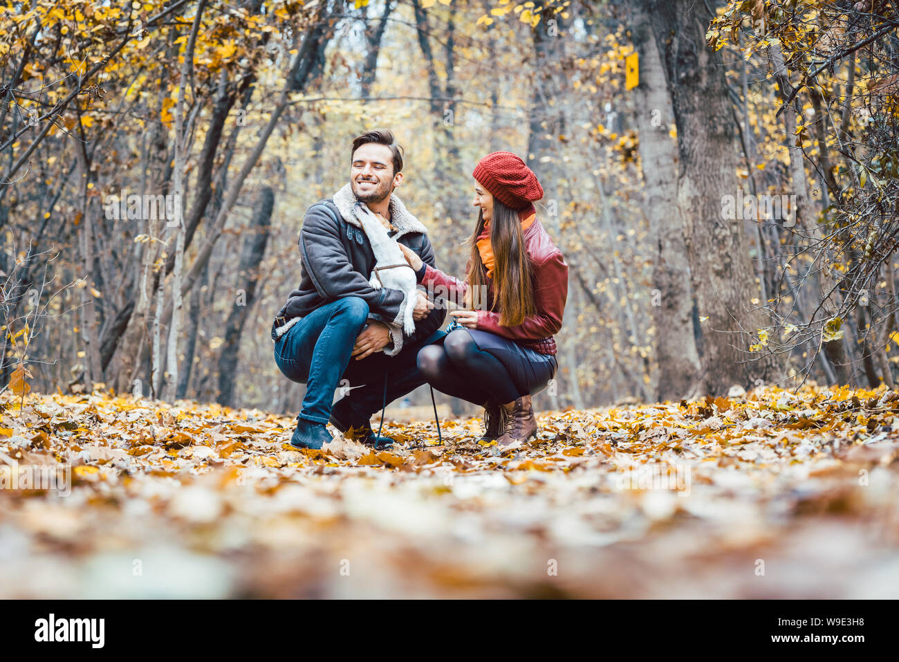 Donna e uomo in autunno a spasso con il loro cane nel parco Foto Stock