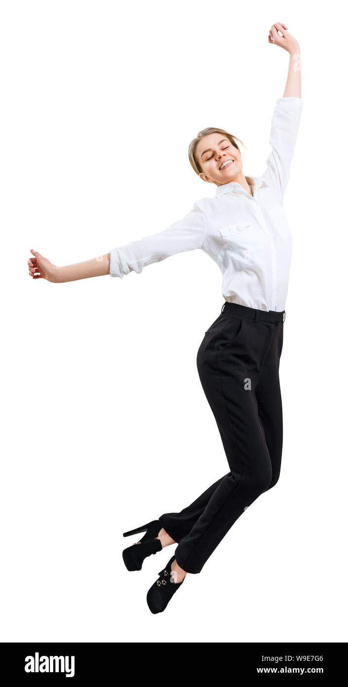 Happy business woman in abbigliamento formale jumping con valigetta. Foto Stock