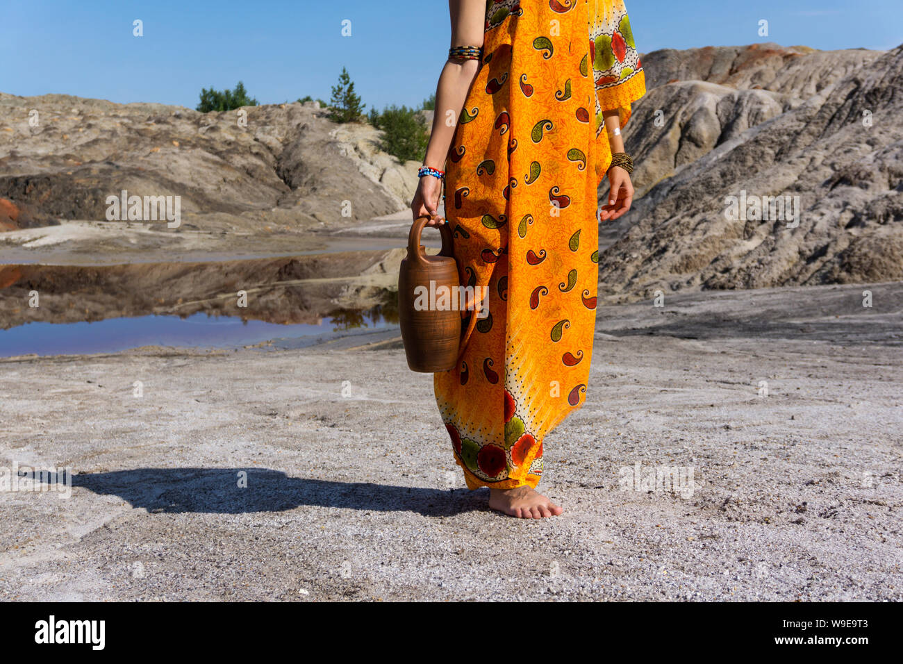 Giovane donna in un sari con un vaso di ceramica sulla sua spalla va a una molla in una zona arida Foto Stock