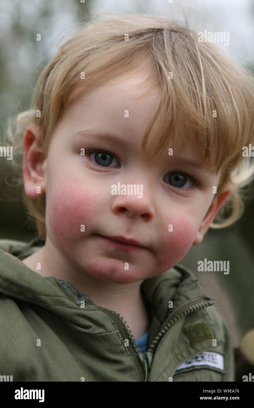 Due-anno-vecchio ragazzo guarda il fotografo : Mottisfont, Hampshire, Regno Unito. Modello rilasciato Foto Stock