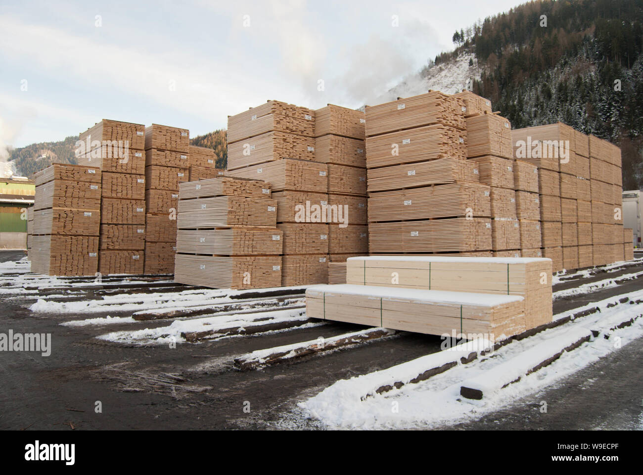 Cantiere di legno di una grande segheria, dove il taglio e ordinati in legno è essiccato per impiego nel settore della costruzione. Foto Stock