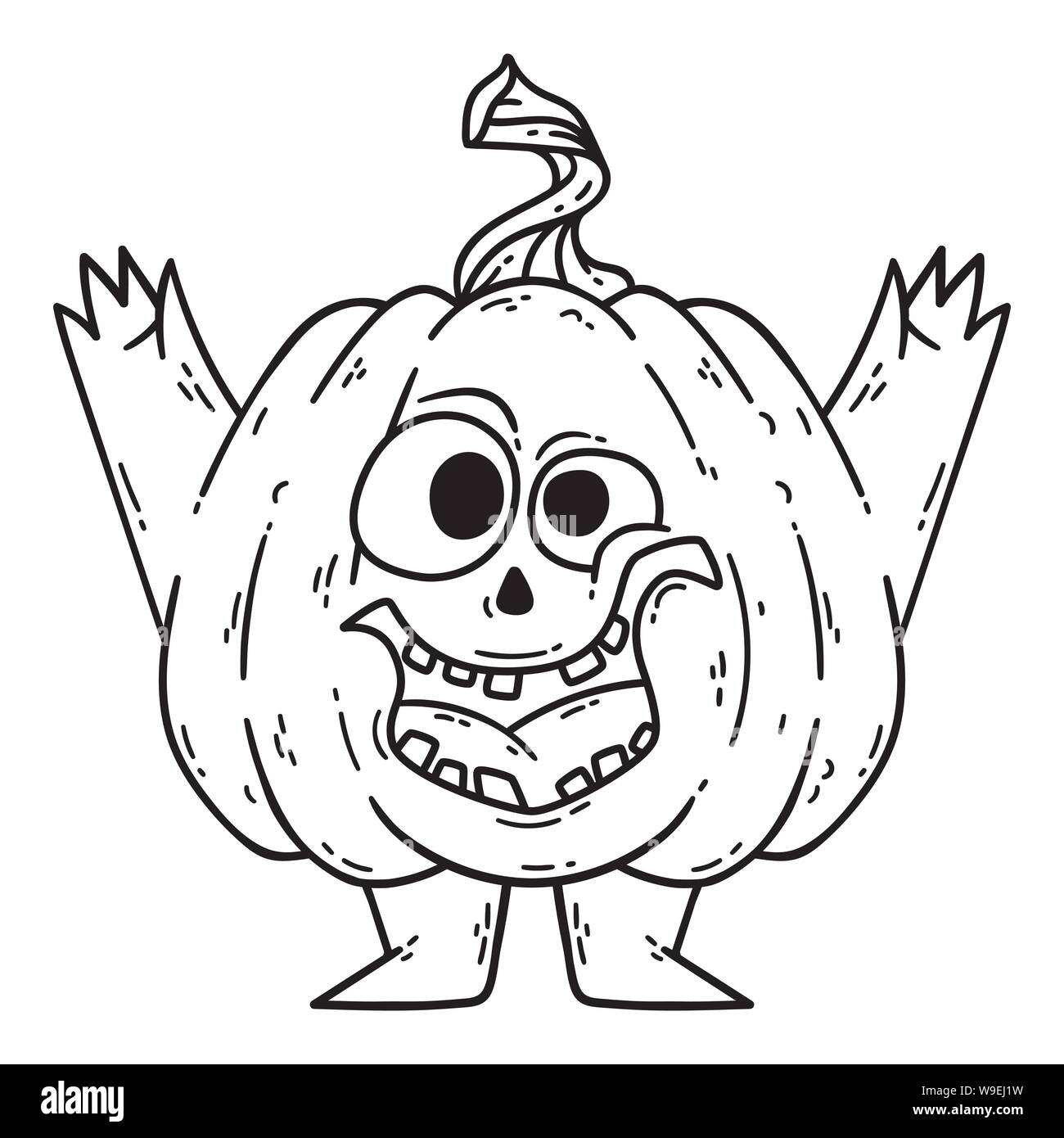 Halloween zucca sorridente con le mani e gambe. Jack Pumpkinhead. Illustrazione di vettore isolato su sfondo bianco. Utilizzare per la stampa di poster, t-shirt Illustrazione Vettoriale