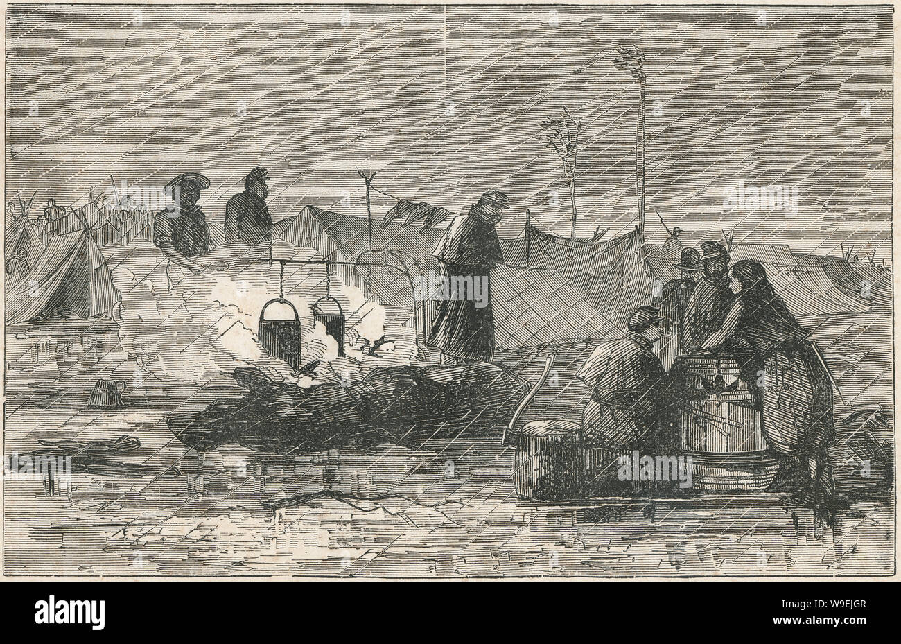 Antique 1873 incisione, "Camp vita" mostra europea soldati della guerra civile americana sotto la pioggia. Fonte: Incisione originale Foto Stock