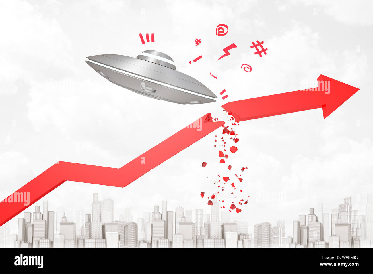 3D rendering di luce-grigio UFO che ha rotto il grafico rosso freccia che stava andando fino in aria sopra e moderno grattacielo città. Foto Stock