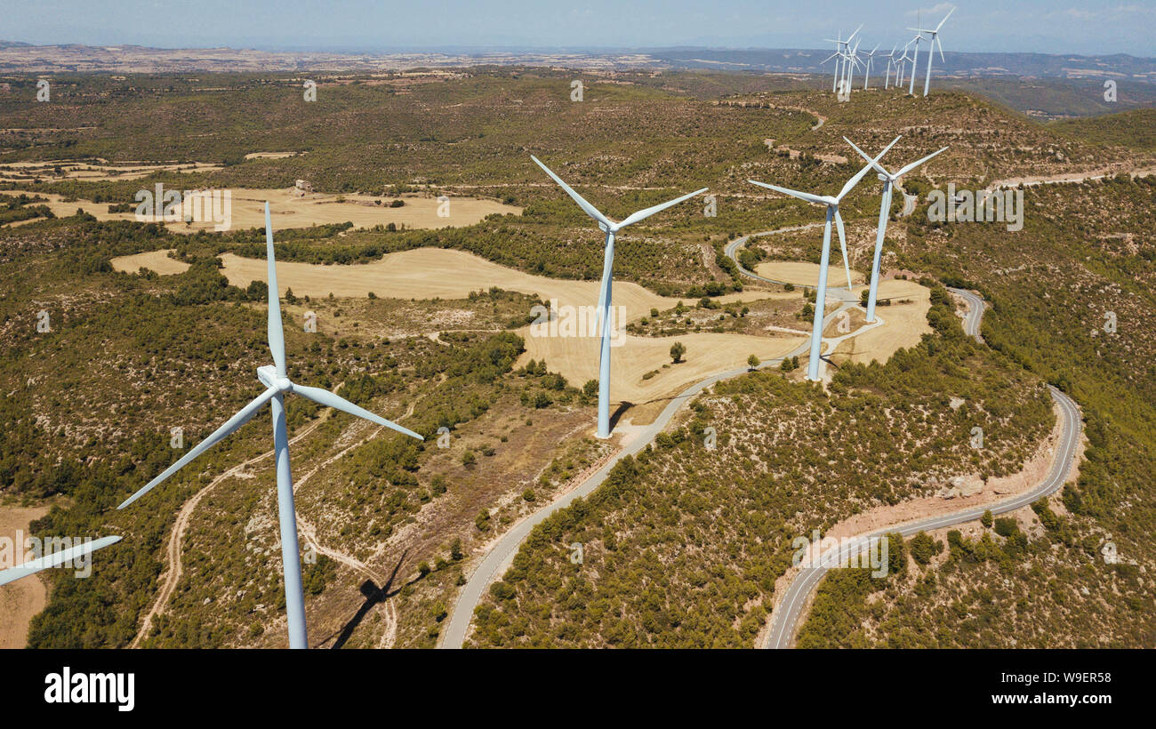 Turbina eolica su campi verdi in estate. Naturale di impianti di energia eolica e ecocompatibile sostenibile delle risorse energetiche Foto Stock