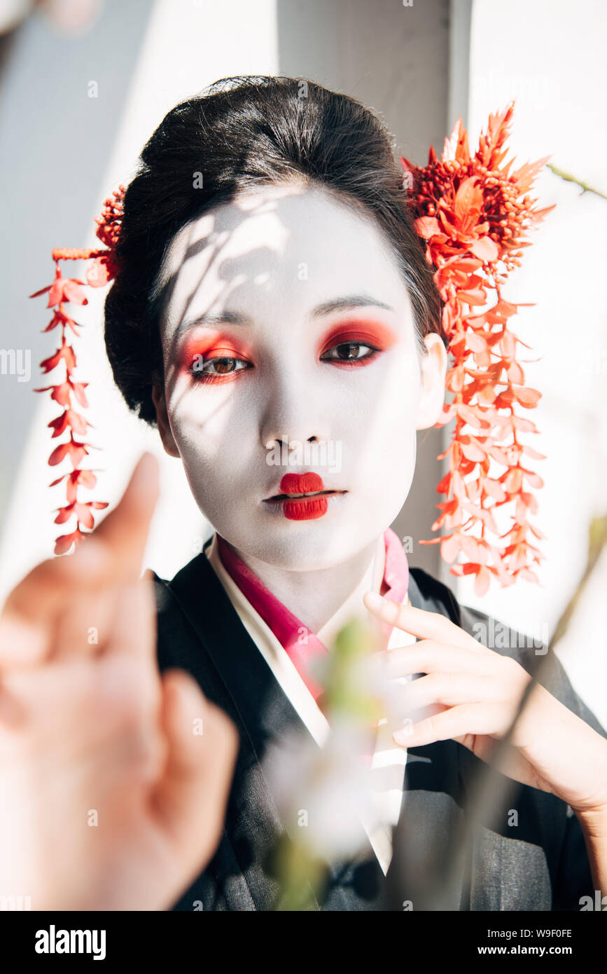 Messa a fuoco selettiva dei rami sakura e bellissima geisha con il rosso e bianco trucco nella luce solare Foto Stock