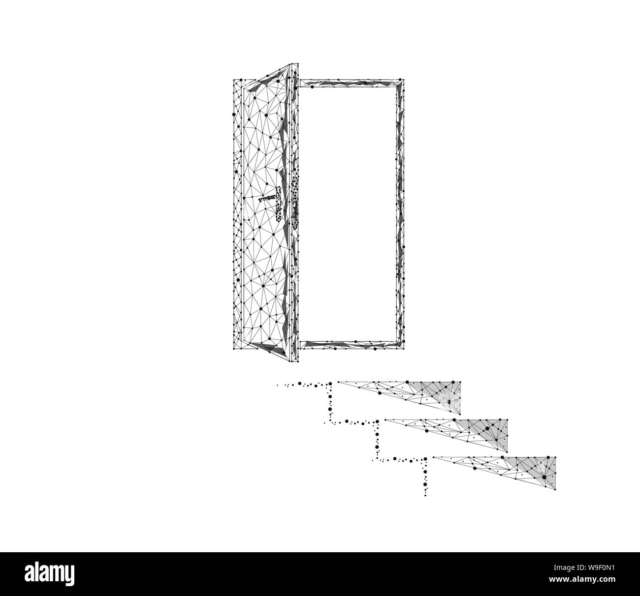 Passi per la porta. Porta. Illustrazione poligonale di triangoli e punti. In bianco e nero. Foto Stock