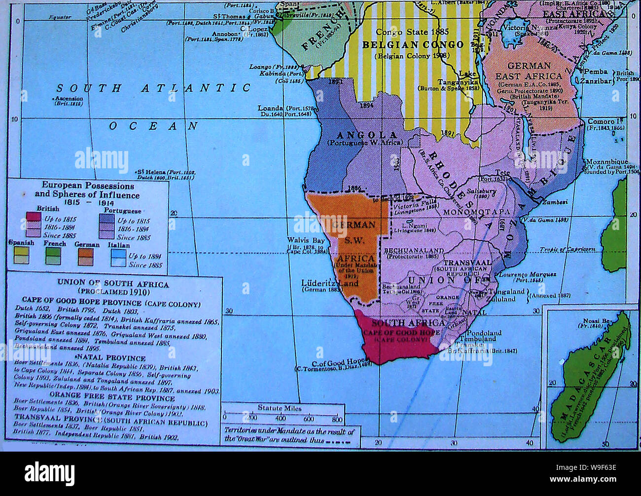 Un 1922 mappa a colori che mostra una timeline di possedimenti europei e sfere di influenza in Africa Foto Stock