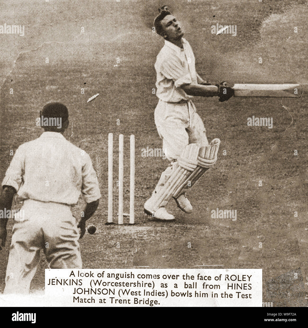 English Cricket 1950 stagione - un quadro quotidiano di Roley Jenkins (Worcestershire) essendo colpiti da Hines Johnson (West Indies) nel Test Match a Trent Bridge. Foto Stock
