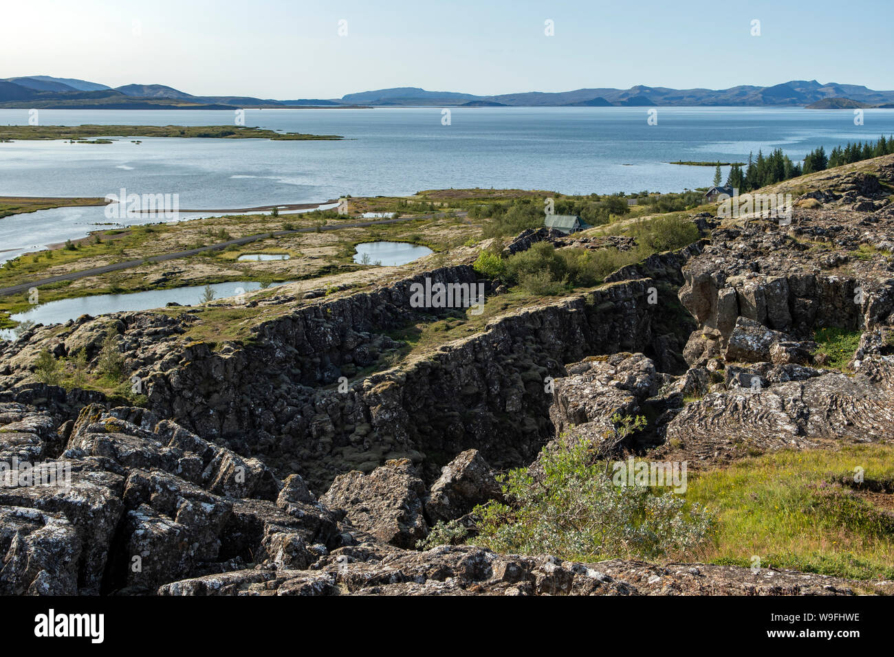 Vista da Flosagja, Thingvellir National Park, Islanda Foto Stock