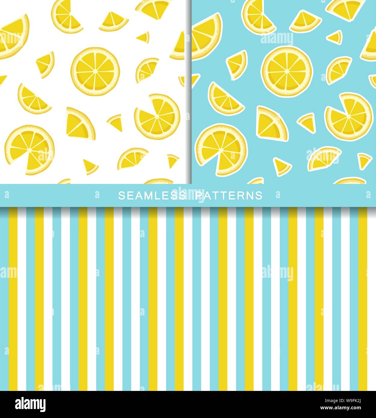 Set di vettore modelli senza soluzione di continuità con le fette di limone. Infinite texture. La carta di avvolgimento, imballaggio, tessuto stampa. Coperchio per planner, notebook. Con striping Illustrazione Vettoriale