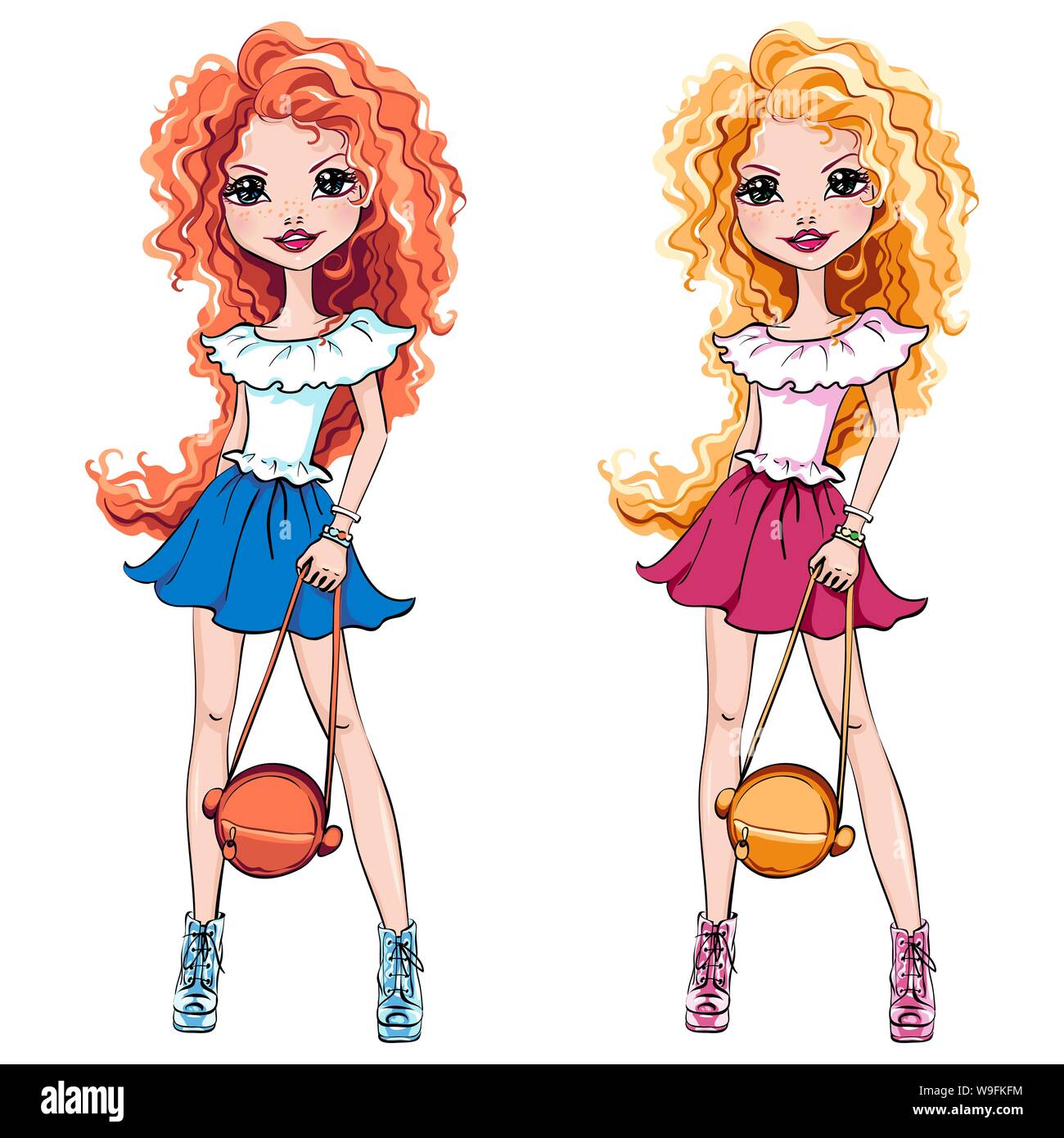Carino bella bionda e redhead ragazze con capelli lunghi in maglietta e gonna, con borsa rotonda Illustrazione Vettoriale