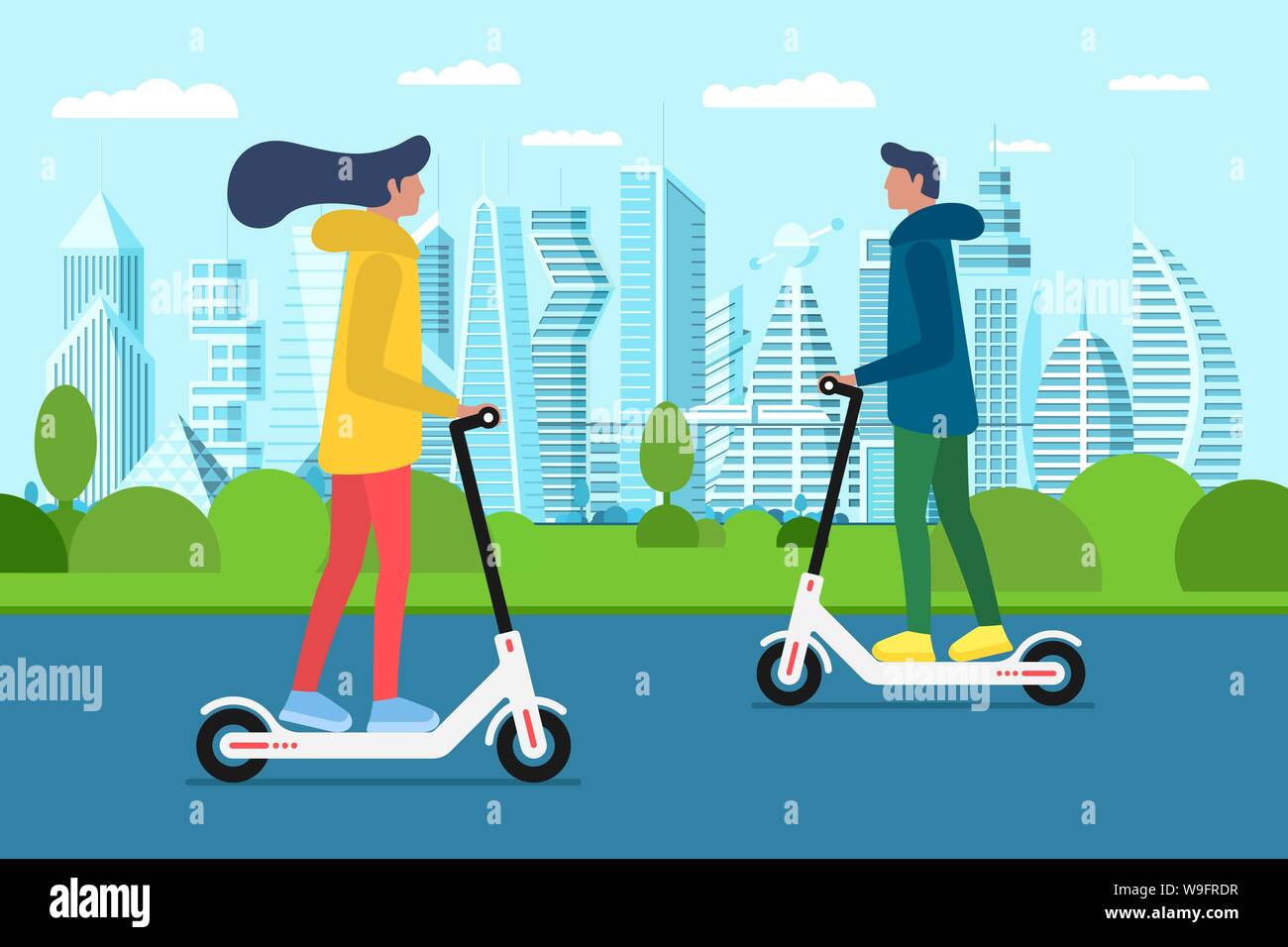 Scooter millenari per ragazze e ragazzi nel futuro parco cittadino. Trasporto intorno alla città e fare un tour. Trascorrere del tempo libero sulla strada urbana. Persone su scooter elettrico. Illustrazione del vettore di trasporto ECO Illustrazione Vettoriale