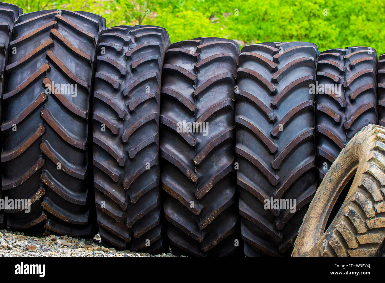 Grandi pneumatici del trattore in outdoor in casa di riparazione. Foto Stock