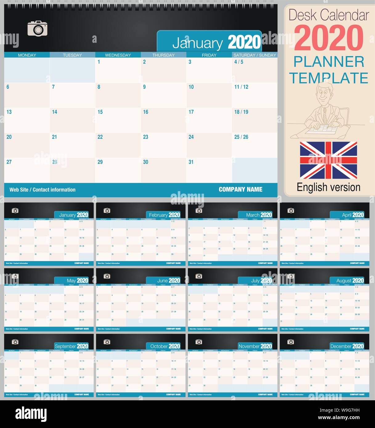 Utile scrivania calendario 2020 con lo spazio per posizionare una foto. Dimensioni: 210 mm x 148 mm. Versione Inglese - immagine vettoriale Illustrazione Vettoriale
