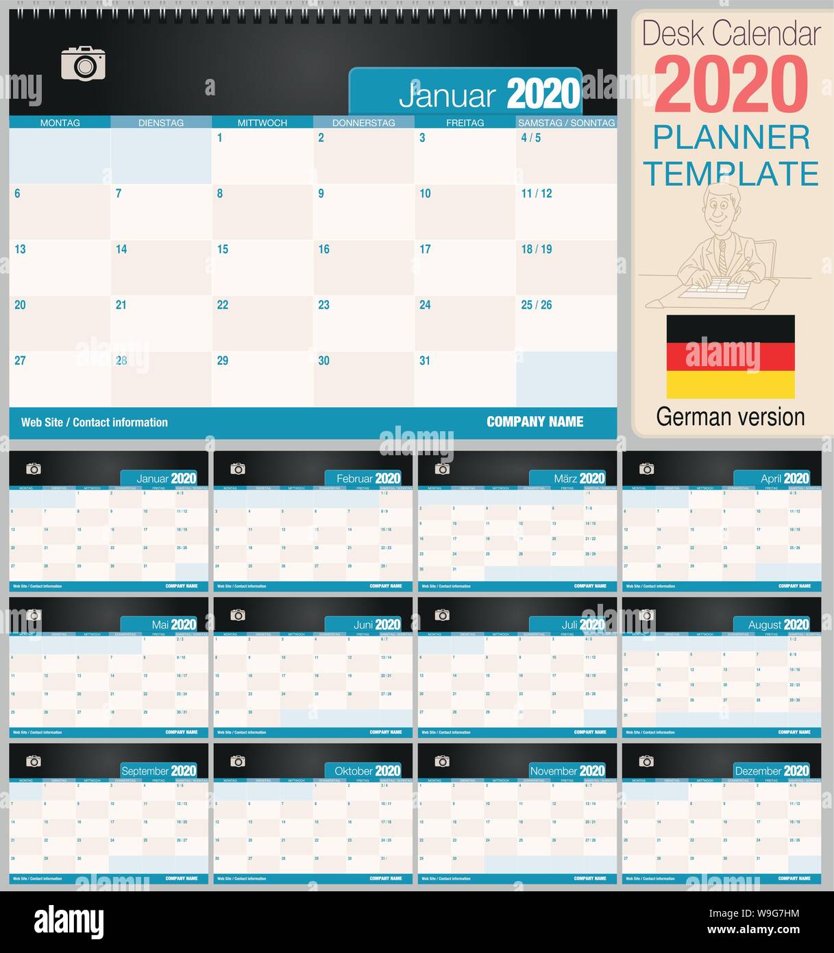 Utile scrivania calendario 2020 con lo spazio per posizionare una foto. Dimensioni: 210 mm x 148 mm. Versione in tedesco - immagine vettoriale Illustrazione Vettoriale