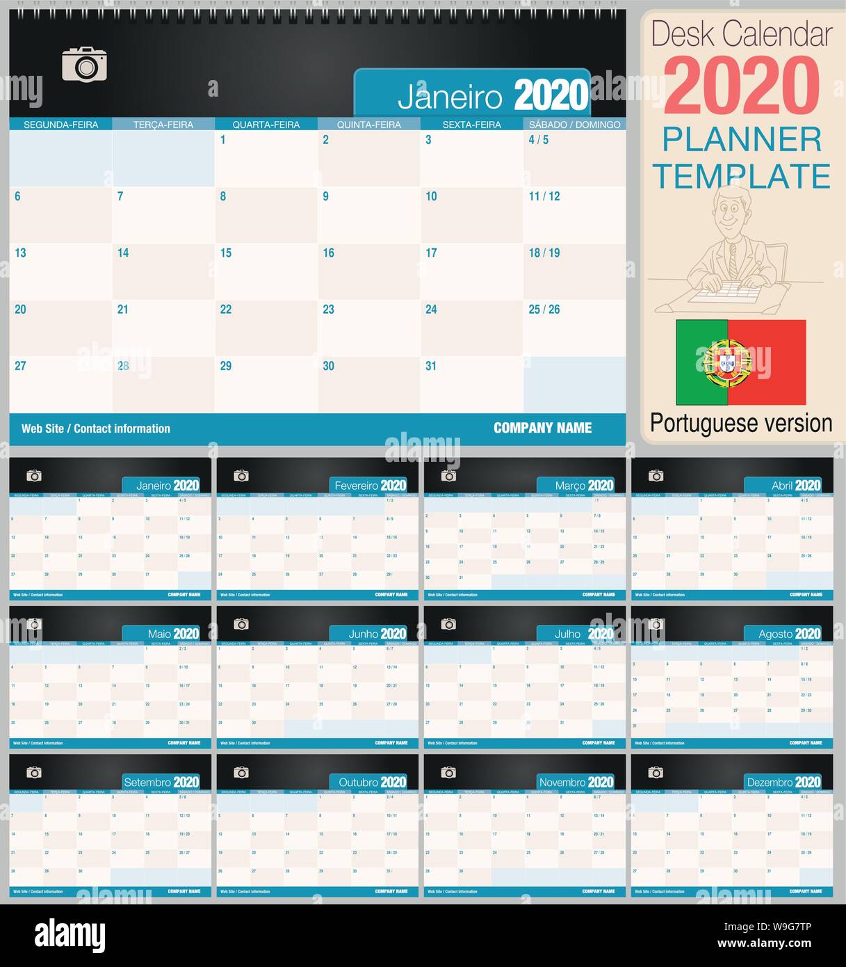 Utile scrivania calendario 2020 con lo spazio per posizionare una foto. Dimensioni: 210 mm x 148 mm. Versione portoghese - immagine vettoriale Illustrazione Vettoriale