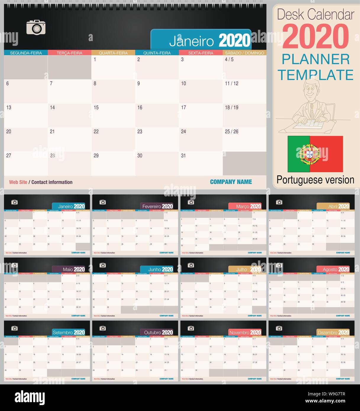 Utile scrivania calendario 2020 con lo spazio per posizionare una foto. Dimensioni: 210 mm x 148 mm. Versione portoghese - immagine vettoriale Illustrazione Vettoriale