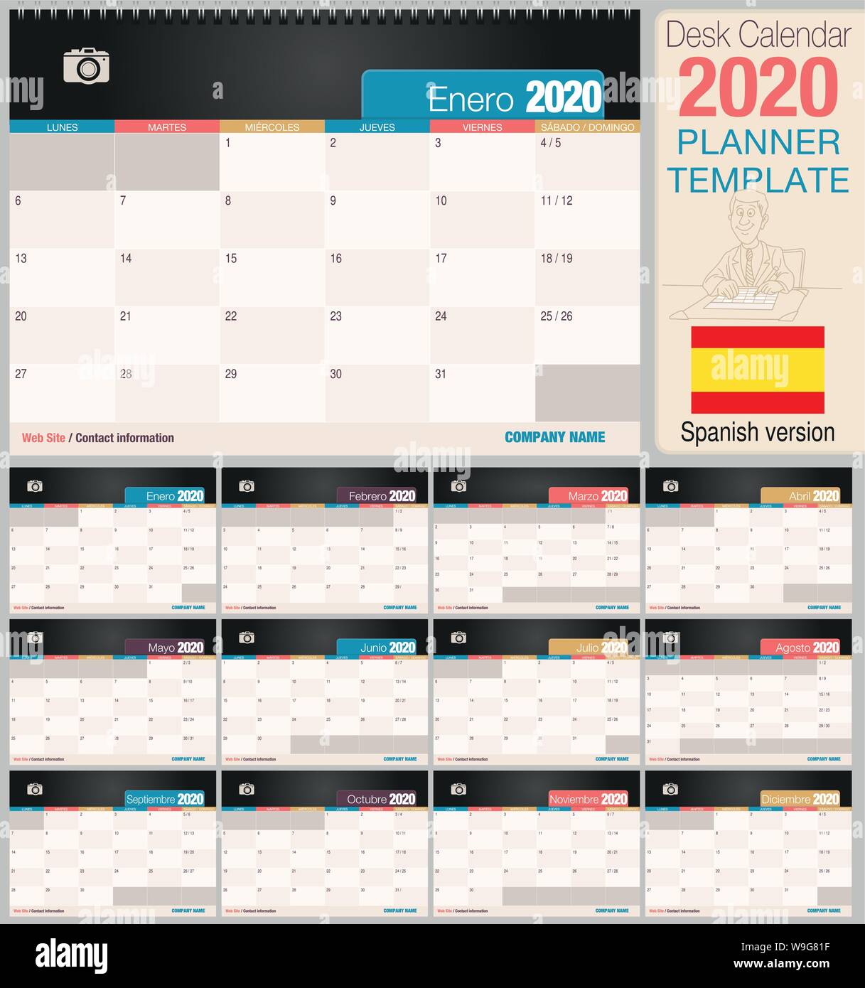 Utile scrivania calendario 2020 con lo spazio per posizionare una foto. Dimensioni: 210 mm x 148 mm. Versione spagnola - immagine vettoriale Illustrazione Vettoriale