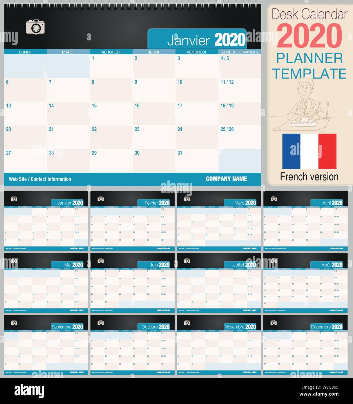 Utile scrivania calendario 2020 con lo spazio per posizionare una foto. Dimensioni: 210 mm x 148 mm. Versione francese - immagine vettoriale Illustrazione Vettoriale
