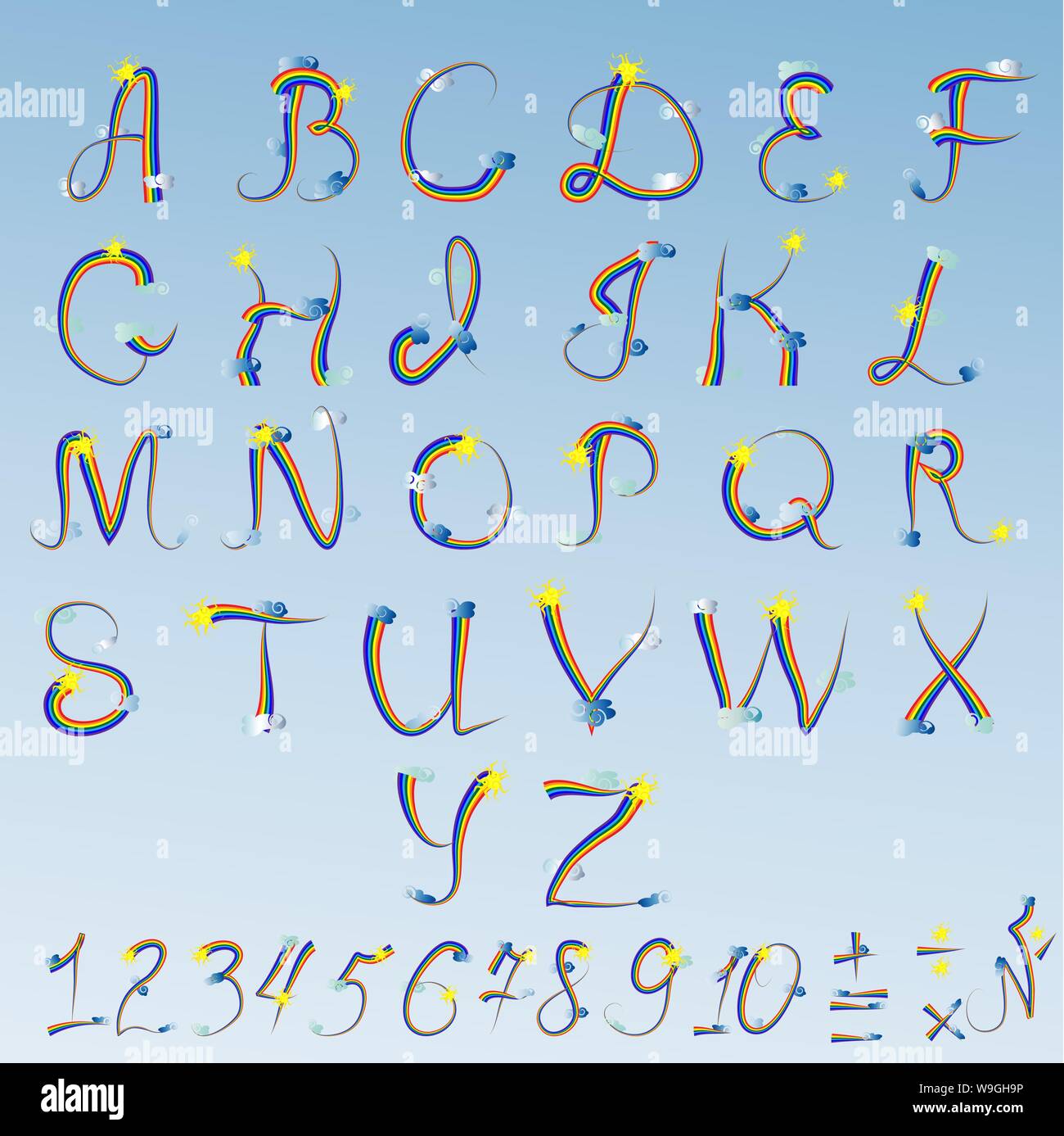 Alfabeto inglese, le lettere e i numeri scritti in un arcobaleno di  contorno, decorata con nuvole e sole. Curl, rainbow. Grammatica e  ortografia, l'apprendimento Immagine e Vettoriale - Alamy
