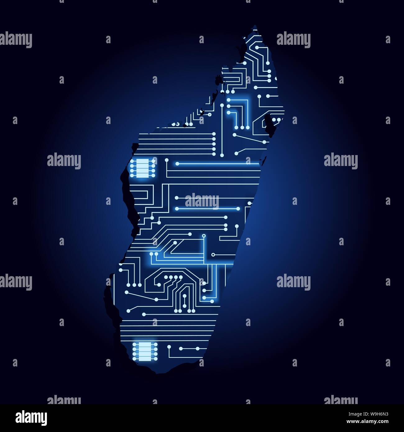 Mappa di contorno del Madagascar con una tecnologia di circuito elettronico. Paese africano. Sfondo blu. Illustrazione Vettoriale