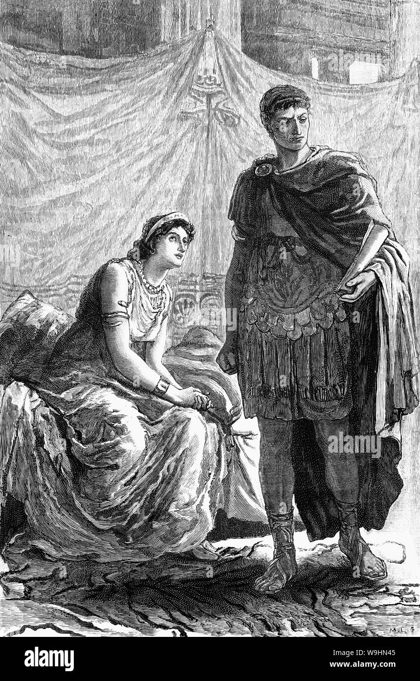 Cleopatra regina egiziana, l'amante di Giulio Cesare e più tardi la moglie di Marco Antonio con Ottaviano. Cleopatra divenne regina alla morte di suo padre, Tolomeo XII, nel 51 a.c. e governata in successione con i suoi due fratelli Tolomeo XIII (51-47) e Tolomeo XIV (47-44) e suo figlio Tolomeo XV Cesare (44-30). Dopo eserciti romani di Ottaviano (il futuro imperatore Augusto) sconfisse le forze combinate di Antonio e Cleopatra, entrambi hanno commesso suicidio e l'Egitto cadde sotto il dominio romano. Foto Stock