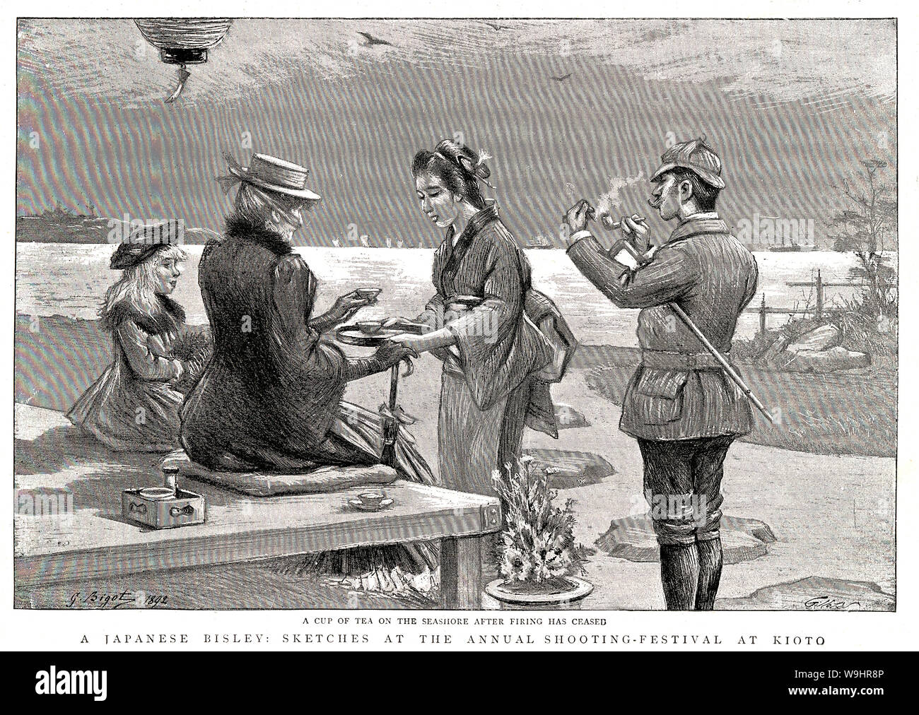 [ 1890 Giappone - cameriera servo in kimono ] - una cameriera servo in kimono, grembiule e acconciatura tradizionale offre tè per la signorina straniera, accompagnato da una ragazza e un uomo nel paese di abbigliamento. Pubblicato nel British settimanale giornale illustrato il grafico sulla luglio 16, 1892 (Meiji 25). Xix secolo quotidiano vintage illustrazione. Foto Stock