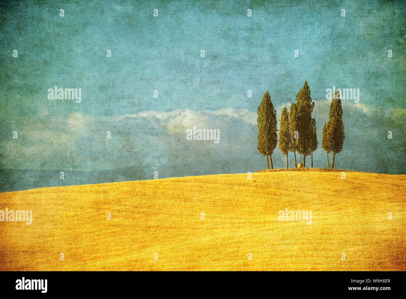 Immagine vintage del tipico paesaggio toscano, Italia Foto Stock