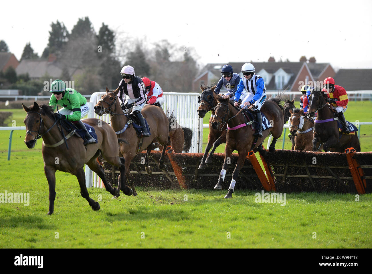 Onorevoli giorno a Hereford Racecourse. 9 Marzo, 2019. Cotswold Mini Handicap Hurdle. David Noonan sulla baia di Dun Creek conduce su una delle prime spalle. Foto Stock