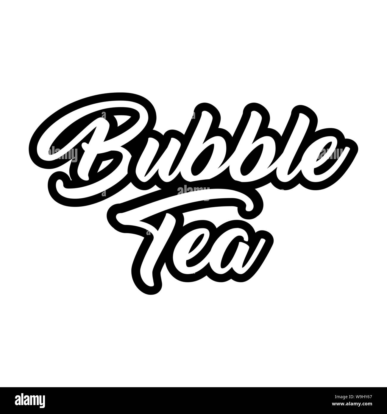 Bubble tè nero e bianco lettering calligrafico. Delizioso rinfresco, gustosa bevanda tipografia. Cafe voce di menu, gustosa bevanda taiwan nome. Testo decorativo isolato su sfondo bianco Illustrazione Vettoriale