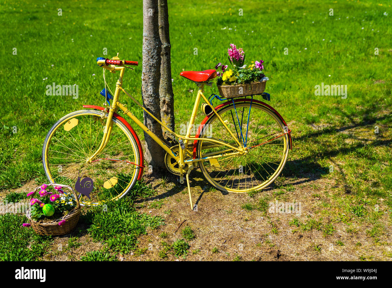 Bella moto colorato decorato con fiori in primavera sul prato verde Foto Stock