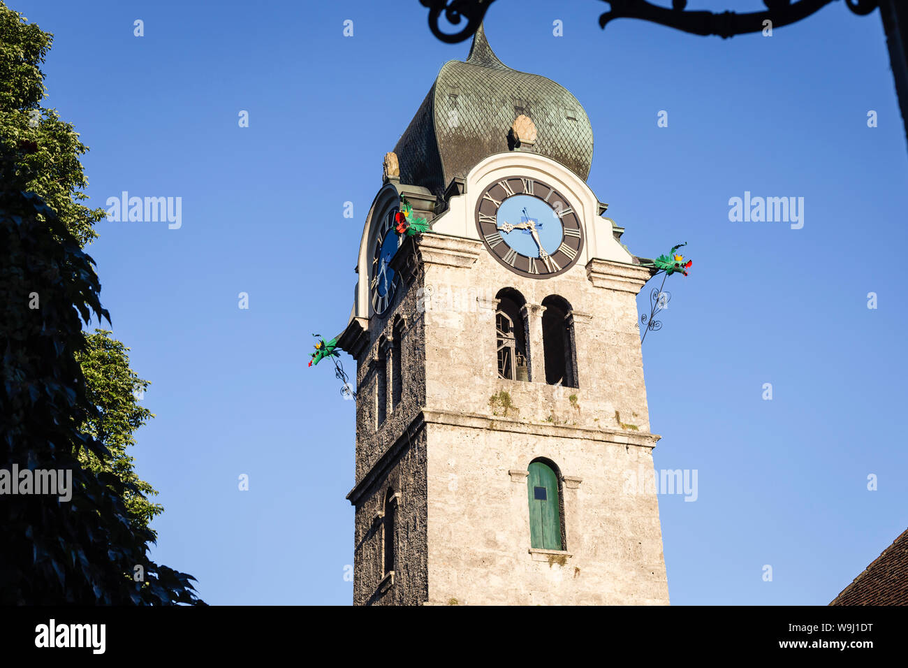 Clock-Tower della chiesa riformata in Eglisau, nel Cantone di Zurigo, Svizzera Foto Stock