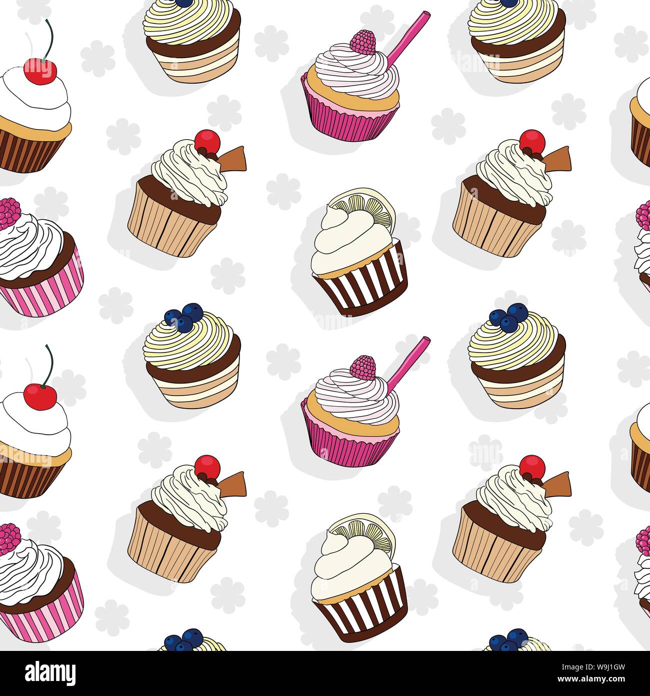 Cupcake colorati vector seamless pattern con sfondo bianco Illustrazione Vettoriale