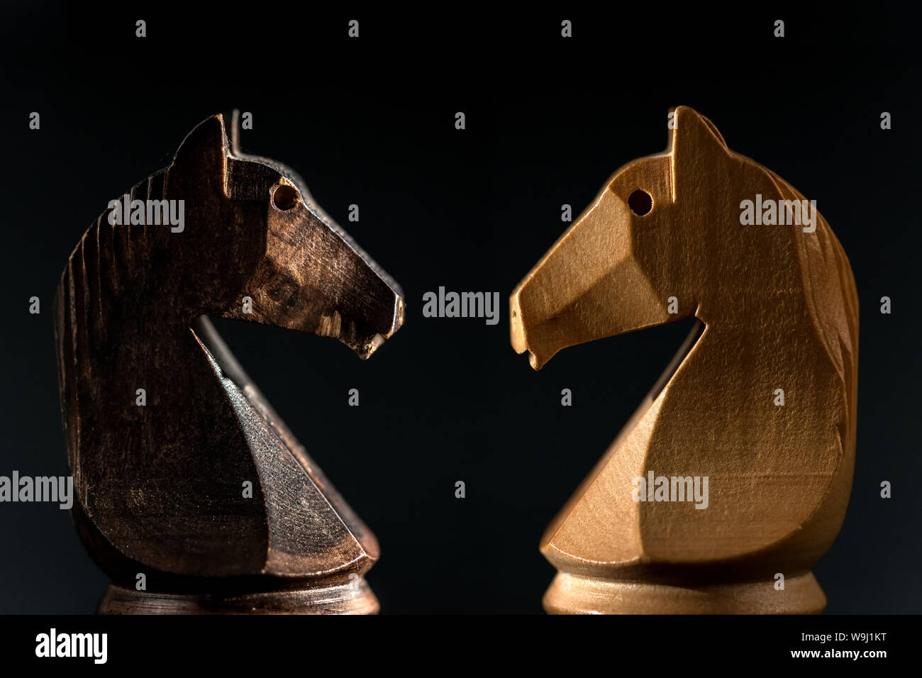 Vista ravvicinata del bianco e nero a scacchi cavalieri affacciata sul blackground. Foto Stock