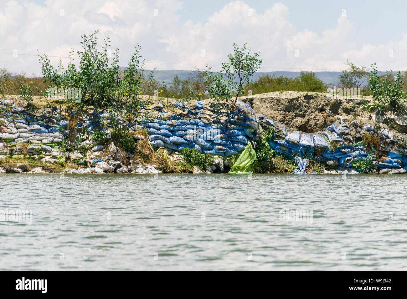 Realizzare localmente un argine parete della sporcizia e sacchi di sabbia sulla riva del lago Naivasha per arrestare il crescente livello dell'acqua, Kenya, Africa orientale Foto Stock