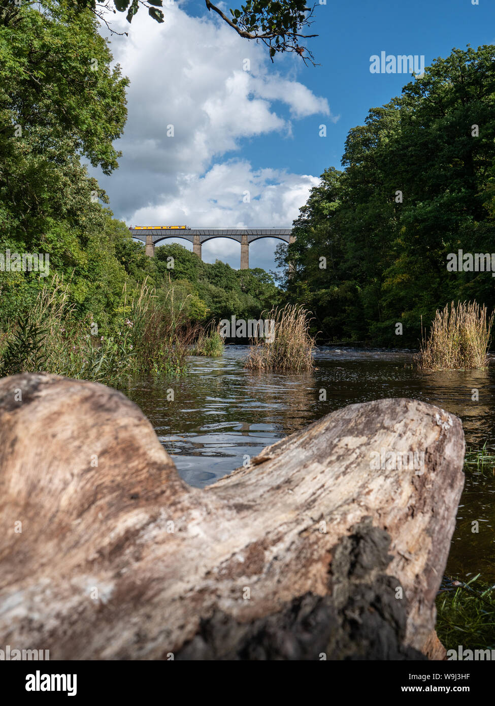 Una stretta battello attraversa l Acquedotto Pontcysyllte che abbraccia til Dee Valley in Galles del Nord, Regno Unito. Foto Stock